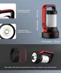 Rechargeable Handheld Spotlight 12000 Lumen LED Flashlight with ergonomic handle, ABS body, 9.25x4.72 inches, detailed components view