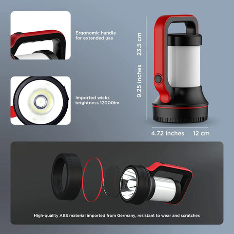 Rechargeable Handheld Spotlight 12000 Lumen LED Flashlight with ergonomic handle, ABS body, 9.25x4.72 inches, detailed components view