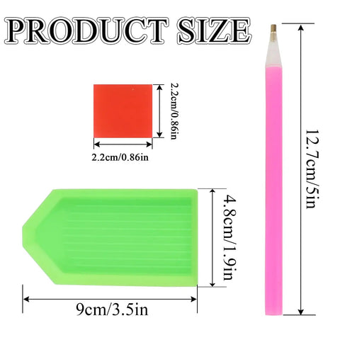 Diamond Painting Tools Kit With 24 Piece Accessories Including 8 Drill Pens 8 Trays And 8 Wax Pads For 5D Diamond Art DIY Projects Perfect For Beginners And Crafters showing pink drill pen, green tray, and red wax pad with dimensions.