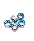 Deep Groove Ball Bearings 8x16x5mm For RC Cars And Trucks, Blue Sealed 2RS 10 Pack, Hobby Grade Bearings displayed in a scattered arrangement.