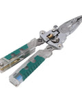 Heavy Hitter Multifunctional Wire Stripper With Crimper Cutter And Non Contact Voltage Tester, stainless steel pliers with green rubber grips.