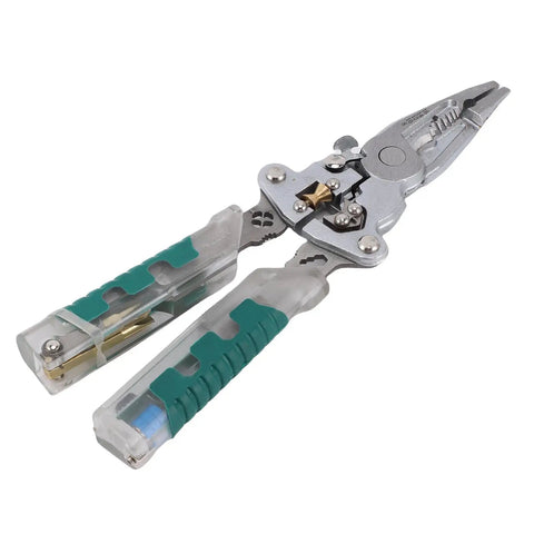 Heavy Hitter Multifunctional Wire Stripper With Crimper Cutter And Non Contact Voltage Tester, stainless steel pliers with green rubber grips.