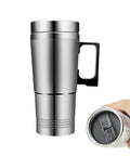 Built Different Twin Voltage Car Kettle That Keeps Your Morning Brew Hot Without The Hassle Featuring Slick Stainless Steel Body For Daily Drivers And Weekend Getaways, 12V mug with handle.