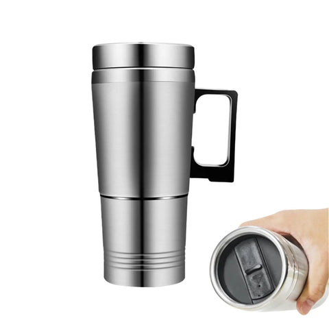 Built Different Twin Voltage Car Kettle That Keeps Your Morning Brew Hot Without The Hassle Featuring Slick Stainless Steel Body For Daily Drivers And Weekend Getaways, 12V mug with handle.