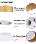 Exploded view of Dope White And Gold Flush Mount Ceiling Light With Modern Minimalist Flair for Bedroom Hallway Entry Balcony and Bathroom 16.5 inch fixture showing metal lampshell, metal base plate, and acrylic lampshade, requires three E12 LED bulbs up to 20W each, bulbs not included.