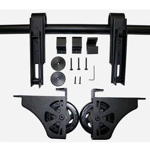 Black Sliding Barn Door Ladder Kit With Retractable Full Track Set hardware components and rollers