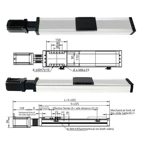 Heavy Duty Ball Screw Linear Actuator Paired With Nema Stepper Motor and Built Tough Linear Slide Stage with Dimensional Drawing.