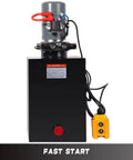 Front view of Heavy Duty 15 Quart DC 12V Hydraulic Power Unit With Double Acting Pump For Car Lifts And Dump Trailers Metal Reservoir Rugged Build High Quality Motor Long Lifespan Stable Performance For Tough Lifts showing fast start feature.