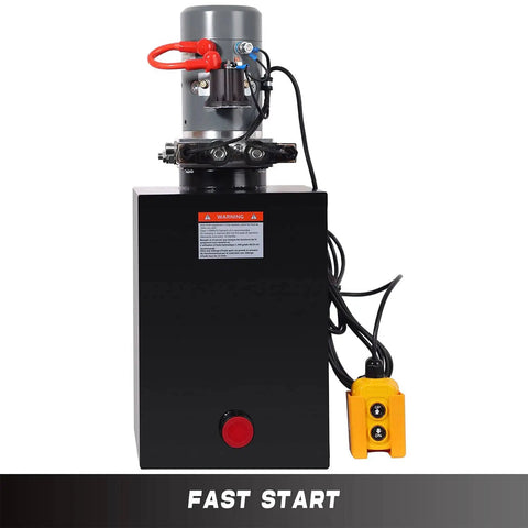 Front view of Heavy Duty 15 Quart DC 12V Hydraulic Power Unit With Double Acting Pump For Car Lifts And Dump Trailers Metal Reservoir Rugged Build High Quality Motor Long Lifespan Stable Performance For Tough Lifts showing fast start feature.