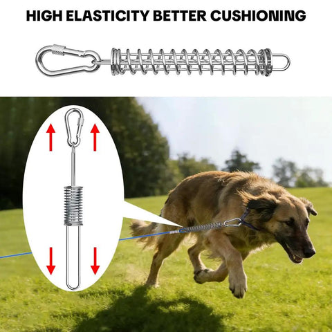 Heavy Duty Rustproof Stainless Steel Dog Tie Out Shock Absorber Spring Absorbs Sudden Yanks And Pulls in use with running dog