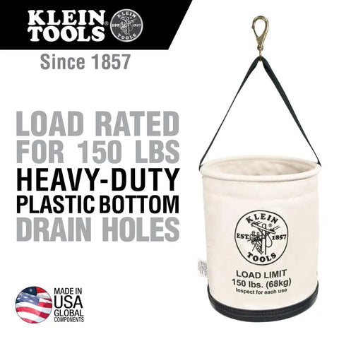 Canvas Tool Bucket With Drain Holes, Heavy Duty Canvas Pail For Tools And Gear, Plastic Bottom, 150 Pound Load Rating
