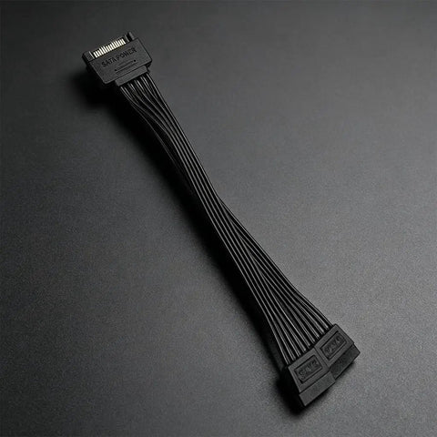 15 Pin Male To Dual Female Power Extension Cable Flat Short Design For Hard Drives Optical Drives Server Racks on dark background.