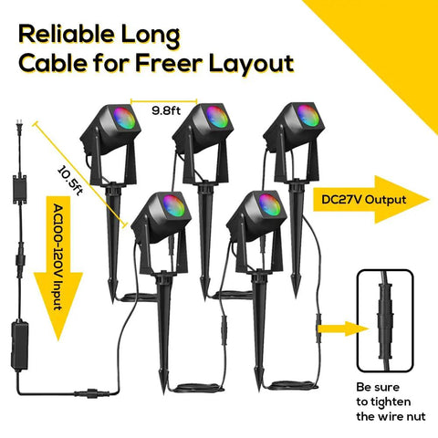 Seriously Slick Smart Outdoor RGBW Landscape Lights 5 Pack Color Changing Garden Yard Lawn Wall Tree Flags Fence LEDs IP68 Waterproof Alexa And Google Home Compatible App Voice Or Touch Control with long cable layout.