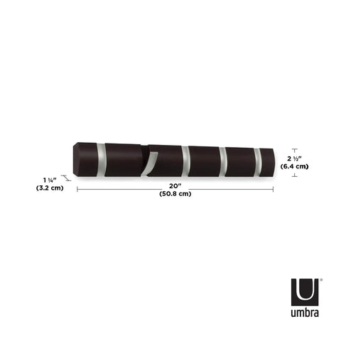 Flip Wall Mounted Coat Rack With Retractable Five Hooks Space Saving Organizer shown with dimensions in Espresso Nickel Finish.