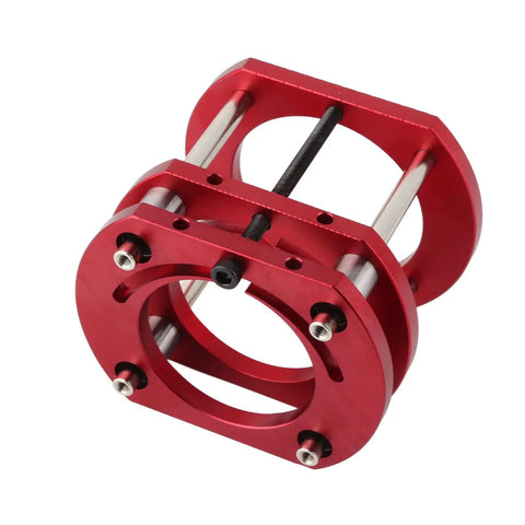Router Lift Base Workhorse For Woodworking Aluminum Alloy And Stainless Steel 4 Jaw Clamping Table Lifting System With Easy Above Table Crank Adjustment, Firm Mount, Ideal For Small Trimming Machines And Precise Routing. Red aluminum alloy router lift base with 4-jaw clamp and stainless steel rods