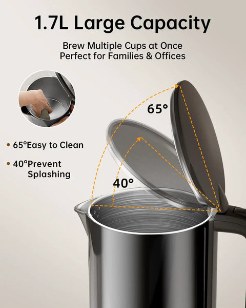 Cordless Electric Kettle With Temperature Control, 1.7L stainless steel hot water kettle with open lid and spill-proof features, black.