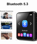 64GB MP3 Player With Bluetooth 5.3 And 1.8 Inch Touch Screen showing Bluetooth connectivity options for headphones, speakers, and earbuds.