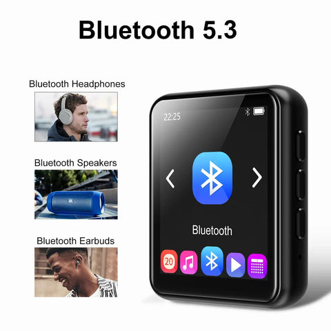 64GB MP3 Player With Bluetooth 5.3 And 1.8 Inch Touch Screen showing Bluetooth connectivity options for headphones, speakers, and earbuds.