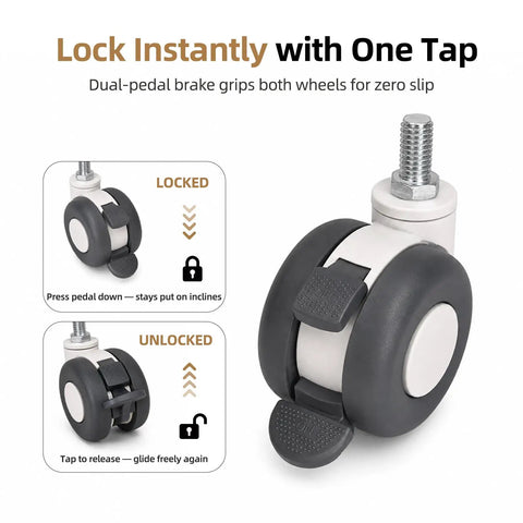 Top Shelf 3 Inch Twin Wheel Caster Set With Two Locking And Two Swivel Wheels rated for heavy duty loads demonstrating dual-pedal brake.