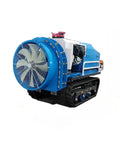 Durable Remote Control Crawling Sprayer Machine With Tracked Vehicle Design For Efficient Field Application And Heavy Duty Agricultural Use, side view image of machine with large fan and tracks.