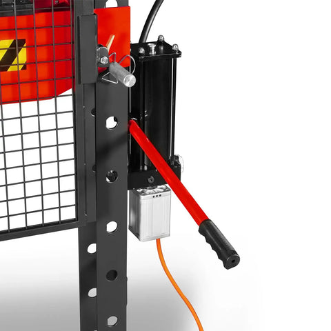 Built Tough 20 Ton H Frame Shop Press With Air And Hydraulic Power, Fully Welded Steel Frame, Safety Guard, Foot Pedal Control, And Movable Ram Head For Easy, Precise Pressing HSP20 close-up of hydraulic pump, foot pedal, and safety guard