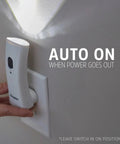 Auto On LED Rechargeable Flashlights 3 Pack For Home Power Outages showing plug-in emergency light in wall socket