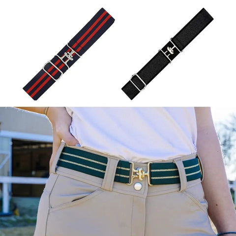 Ride Ready Elastic Horse Riding Belt with Sturdy Hook Buckle shown in various colors and worn on the waist outdoors