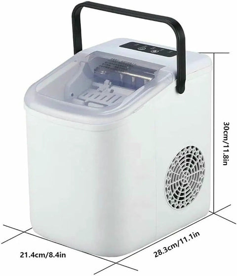 No Fuss Countertop Ice Maker Drops Nine Chill Cubes In Seven Flat Minutes With A Solid Twenty Two Pound Daily Yield Self Cleaning Feature shown from the side.