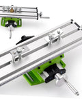 Rock Solid Mini Milling Machine Worktable With Slick Compound Drill Slide Table And Heavy Duty Multifunction Vise Fixture For Bench Drill X Y Axis Precision, top view of aluminum slide table with green base.