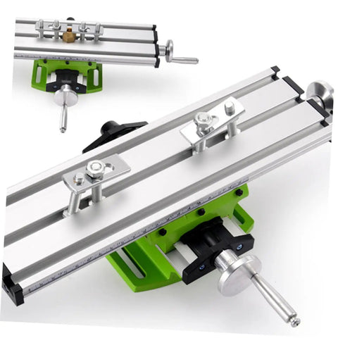 Rock Solid Mini Milling Machine Worktable With Slick Compound Drill Slide Table And Heavy Duty Multifunction Vise Fixture For Bench Drill X Y Axis Precision, top view of aluminum slide table with green base.