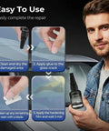 Man demonstrating DIY Windshield Crack Repair Kit for all crack types with repair liquid for car windows and glass surfaces.