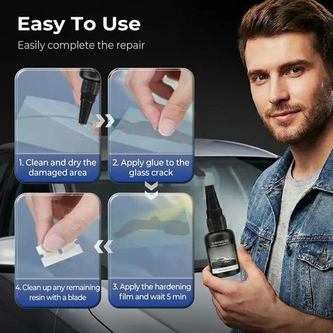 Man demonstrating DIY Windshield Crack Repair Kit for all crack types with repair liquid for car windows and glass surfaces.