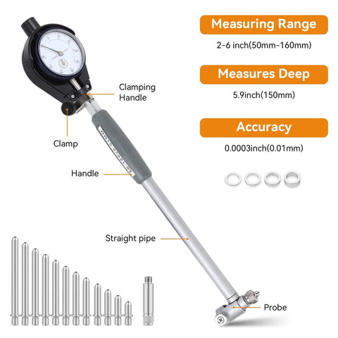 Dial Bore Gauge Set 50 To 160 Mm With 0.01 Mm Accuracy for cylinder measurement with multiple probes and detailed features