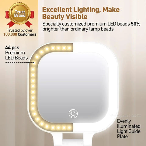 On The Go Travel Mirror With Light showing 44 LED lights evenly illuminating the 4.5 by 3.9 inch mirror with adjustable brightness.