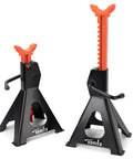 TONDA 3-Ton jack stands pair with orange adjustable posts and black triangular bases, side crank visible