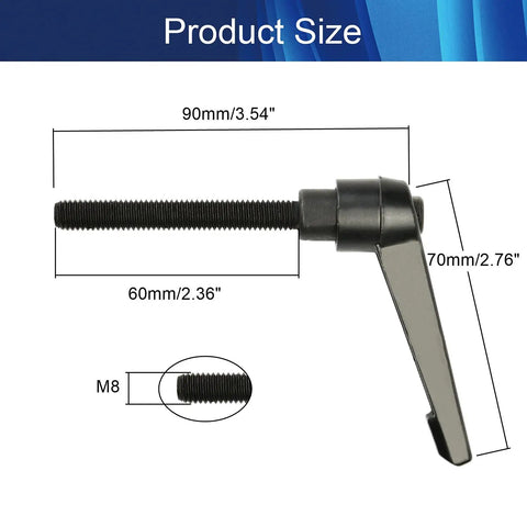 M8 x 60mm Adjustable Clamping Lever Handle Aluminum Alloy Durable Black Finish For Machinery Welding And Printing Equipment Workhorse Grip Heavy-Duty Rust-Resistant Set Of 5, side view with size labels