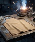 Tough As Nails Heavy Duty Polyurethane Welding Apron Premium Heat Insulation on a workbench with sparks in background.