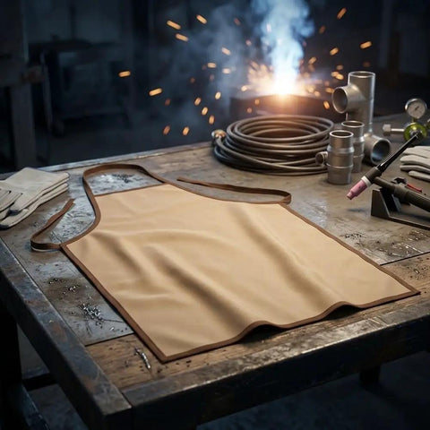 Tough As Nails Heavy Duty Polyurethane Welding Apron Premium Heat Insulation on a workbench with sparks in background.