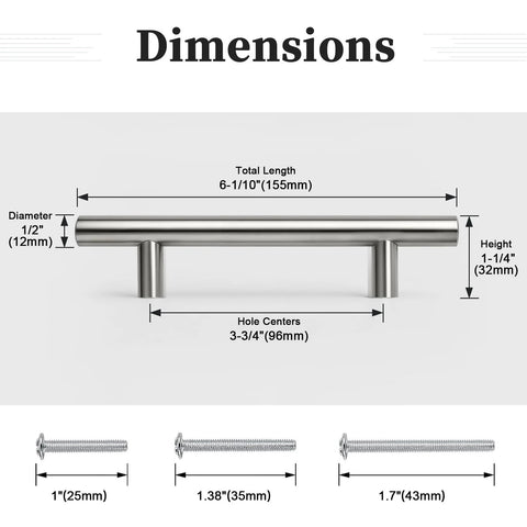 Dimensions of 30 Pack 3-3/4 Inch Hole Center Cabinet Pulls Brushed Nickel Stainless Steel Kitchen Cabinet Handles 6 Inch Overall Length 1/2 Inch Diameter 1-1/4 Inch Projection Includes 1 In 1-2/5 In and 1-3/4 In Screws for Easy Cabinet and Drawer Installation