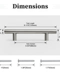 Dimensions diagram of 5 Pack Satin Nickel Cabinet Pulls 3-3/4 Inch Hole Centers 96mm, 6 Inch Overall Length.