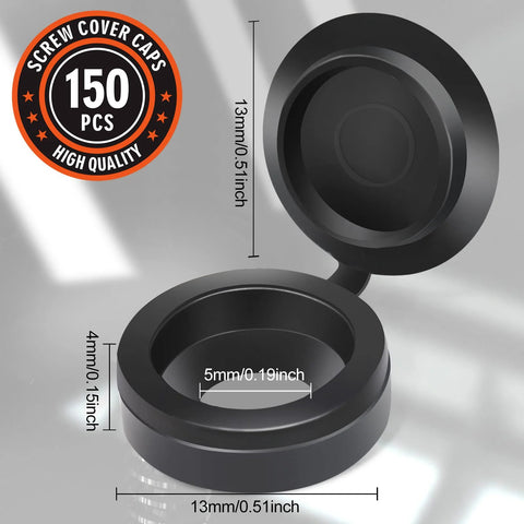 Hinged Plastic Screw Cover Caps for Exposed Mounting Screws, black flip top with snap washer style, dimensions shown