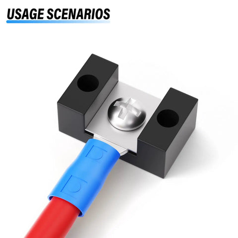 Close-up of Blue 16 To 14 AWG Insulated Fork Spade U Type Wire Connectors Set in use, showcasing connection to a metal terminal.