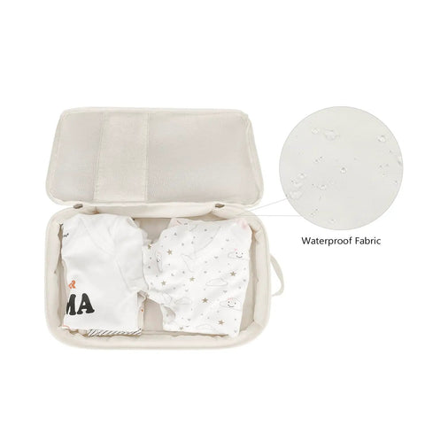 Interior of Two Pack Waterproof Diaper Bag Organizer Pouches With Hanging Pods showing clothes and waterproof fabric detail