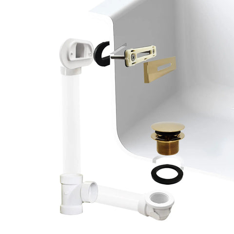 Knockout Polished Brass Tip Toe Bathtub Drain Stopper Kit Features Linear Overflow Faceplate Half Pvc Tees And Straight Fittings For No Fuss Install and Slick Glide Action Sweet Pro Grade Plumbing Setup 20 Pack, detailed assembly view.