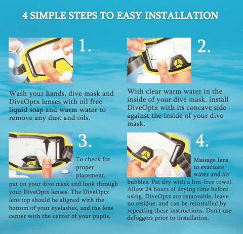 Four-step guide on installing Stick On Bifocal Magnifier Lenses For Dive Masks With Plus 1.50 Magnification, 2 Pack, underwater vision.