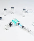 Ten 5ml glass injection vials with metal caps and self-healing ports, transparent and empty
