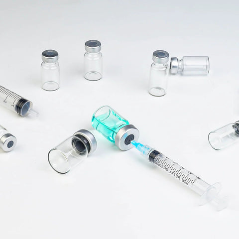 Ten 5ml glass injection vials with metal caps and self-healing ports, transparent and empty