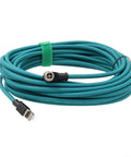 M12 X Code Ethernet Cable 8 Pin To RJ45 CAT7e Right Angle 90 Degree 1m coiled, showing connectors for industrial use.
