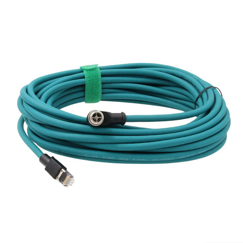 M12 X Code Ethernet Cable 8 Pin To RJ45 CAT7e Right Angle 90 Degree 1m coiled, showing connectors for industrial use.