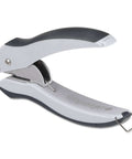 EZ Squeeze One Hole Paper Punch For 10 Sheets With No Jam Tech, ultra lightweight office tool in gray blue with ergonomic grip side view.